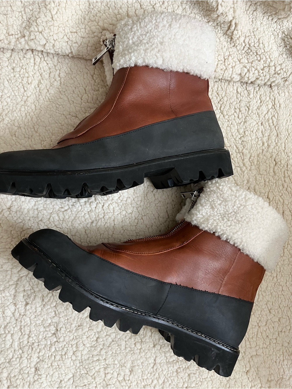 J. Crew Brown Leather & Black Rubber Shearling Cuff Ankle Boot Sz 11, BD826